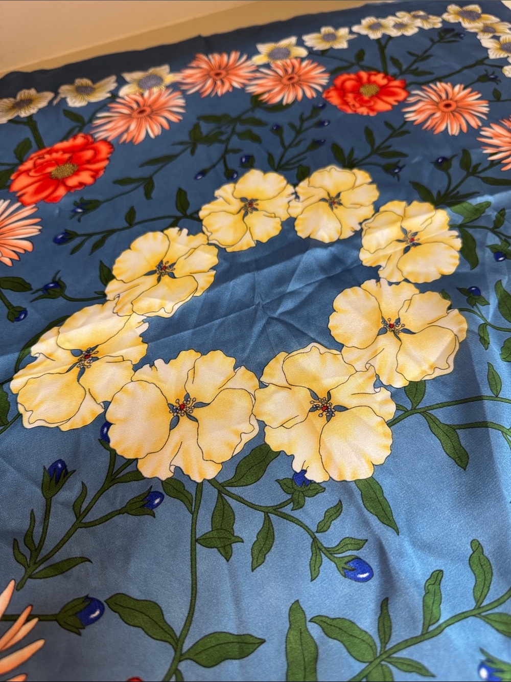 Anthropologie Blue Floral Satin Scarf with Coral, Peach & Yellow Blooms - Picture 2 of 3